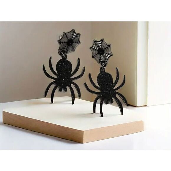 NWT Spooky Black Glittery Spider And Spiderweb Dangle Drop Earrings - Picture 2 of 5